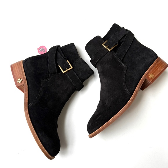 TORY BURCH New Womens 6 Brooke Black Suede Gold Pull On Ankle Booties ON1 - Picture 1 of 6